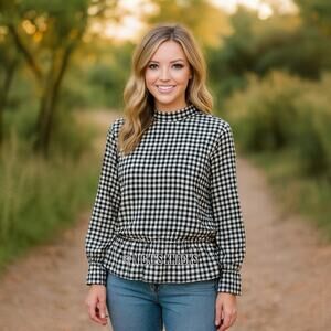 Gingham Smocked Waist Long Sleeve Blouse Black White Check H&M Top Size 14